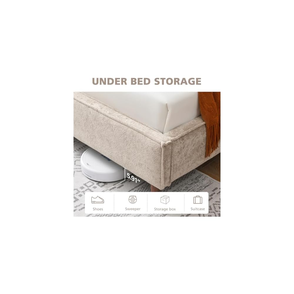 Luxury King Size Upholstered Platform Bed Frame with 7" Thick Padded Headboard, Plush Velvet-Like Fabric, 45 Wooden Slats Support, Wood-Look Legs, No Box Spring Needed, Beige