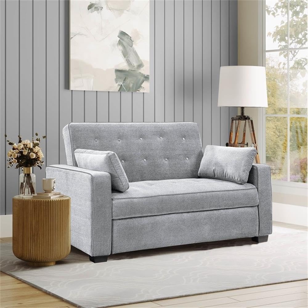 Ainsley 66.5" Convertible Sleeper Loveseat, Full Size, Dreamcoil Comfort, Soft Woven Fabric, Light Grey