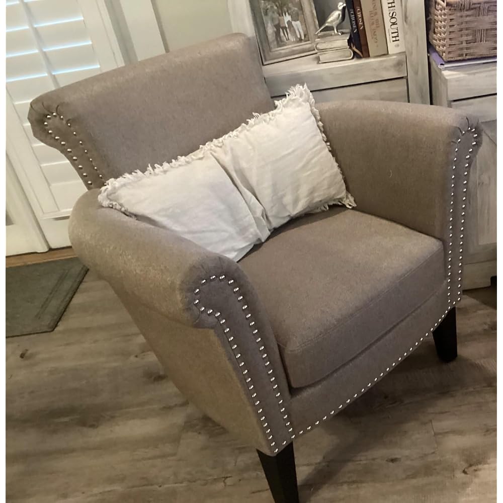 Brice Vintage Scroll Arm Studded Fabric Club Chair, Navy Blue / Dark Brown 31D x 29.5W x 31.5H in