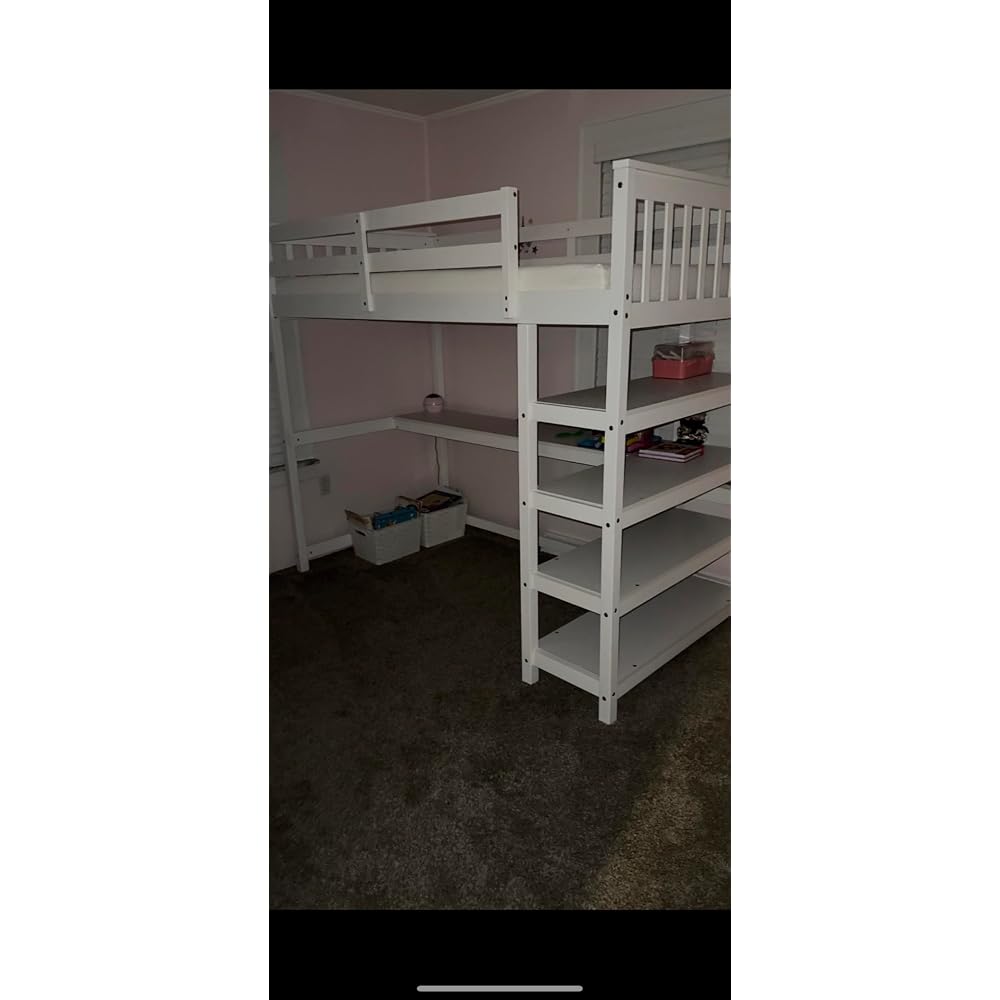 Wood Loft Bed with Desk : Twin Size Loft Bed with 4-Storage Shelves and Under-Bed Desk Solid Wood Bed, White