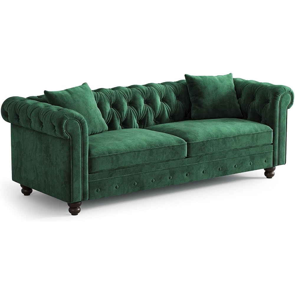 82 Inch Chesterfield Sofa, 23 Inch Deep Seat Velvet Couch for Living Room, Button Tufted Couch with Rolled Arms, 2 Throw Pillows, Comfy Vintage Loveseat Sofa for Apartment, Green