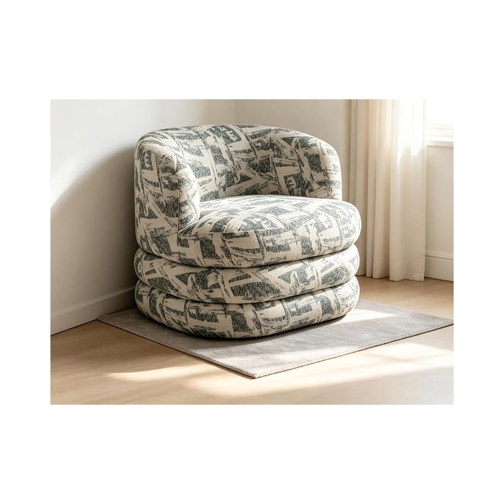 Printed Boucle Stacked Base Barrel Accent Chair Swivel Lounge Chair