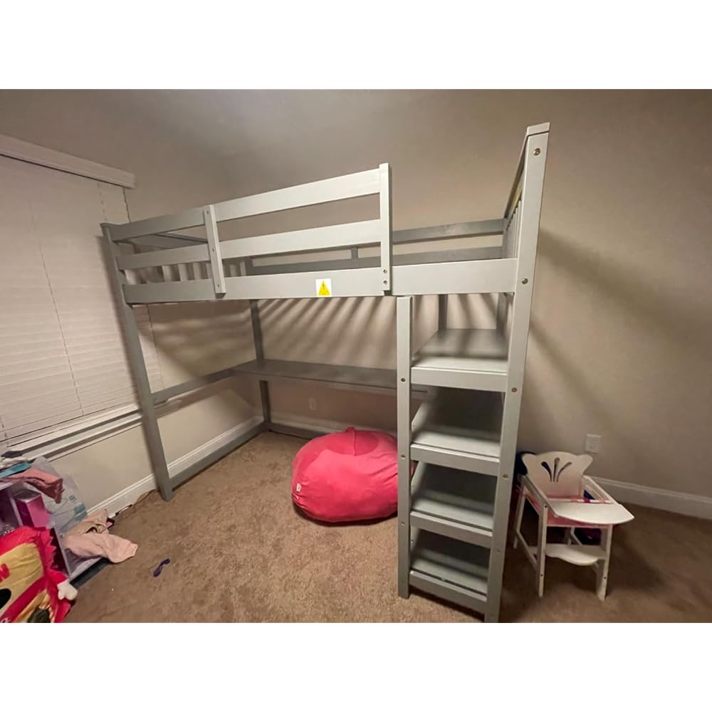 Wood Loft Bed with Desk : Twin Size Loft Bed with 4-Storage Shelves and Under-Bed Desk Solid Wood Bed, White