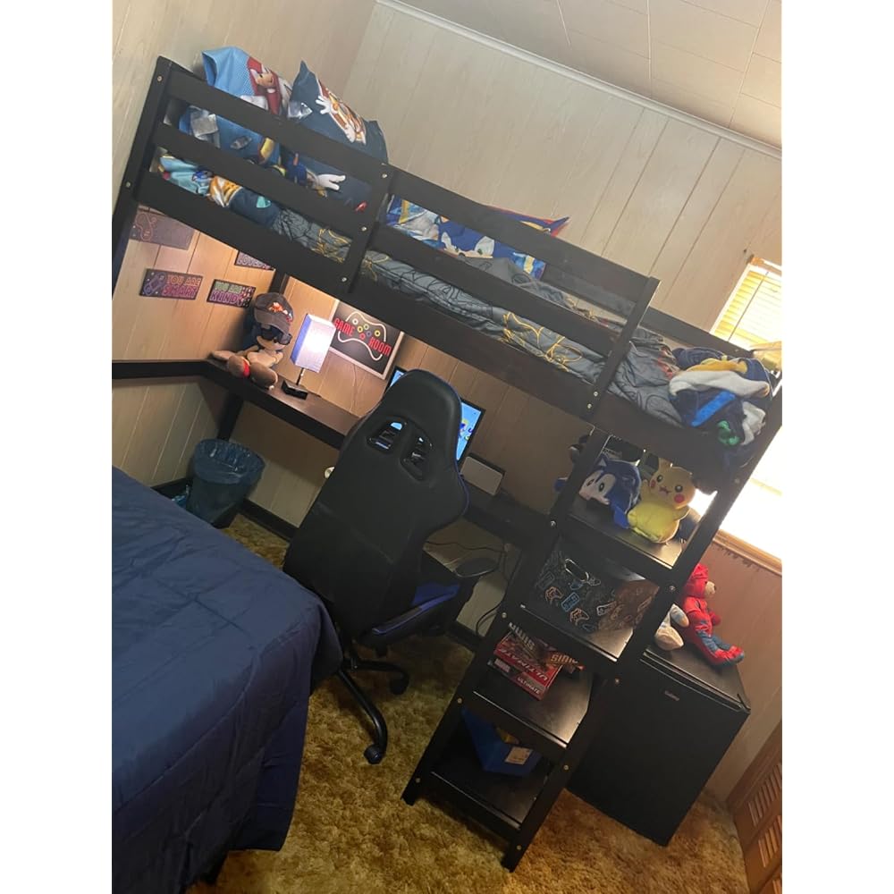 Wood Loft Bed with Desk : Twin Size Loft Bed with 4-Storage Shelves and Under-Bed Desk Solid Wood Bed, White