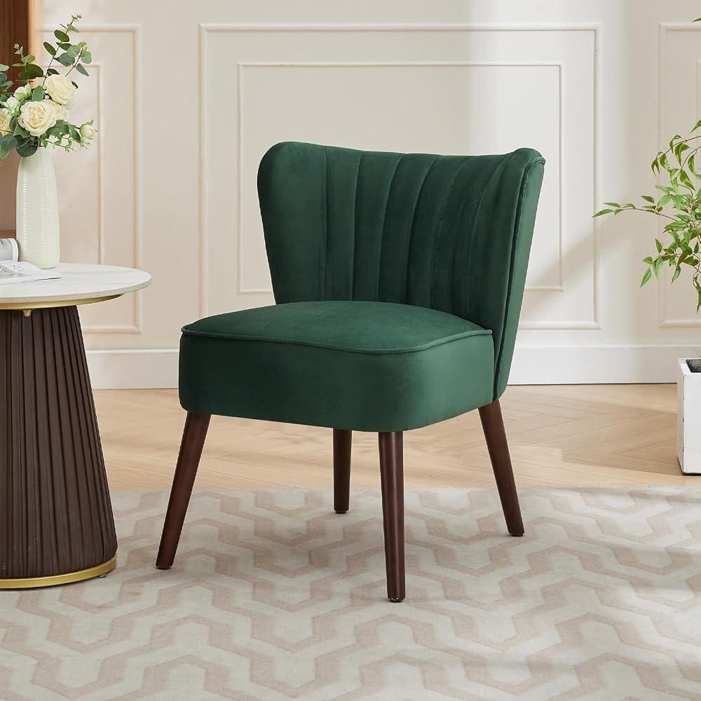Modern Accent Chair, Padded Velvet Chair with Solid Wood Legs, Load Capacity 136 kg, Comfortable Lounge Chair without Armrests for Living Room, Bedroom, Office - Green