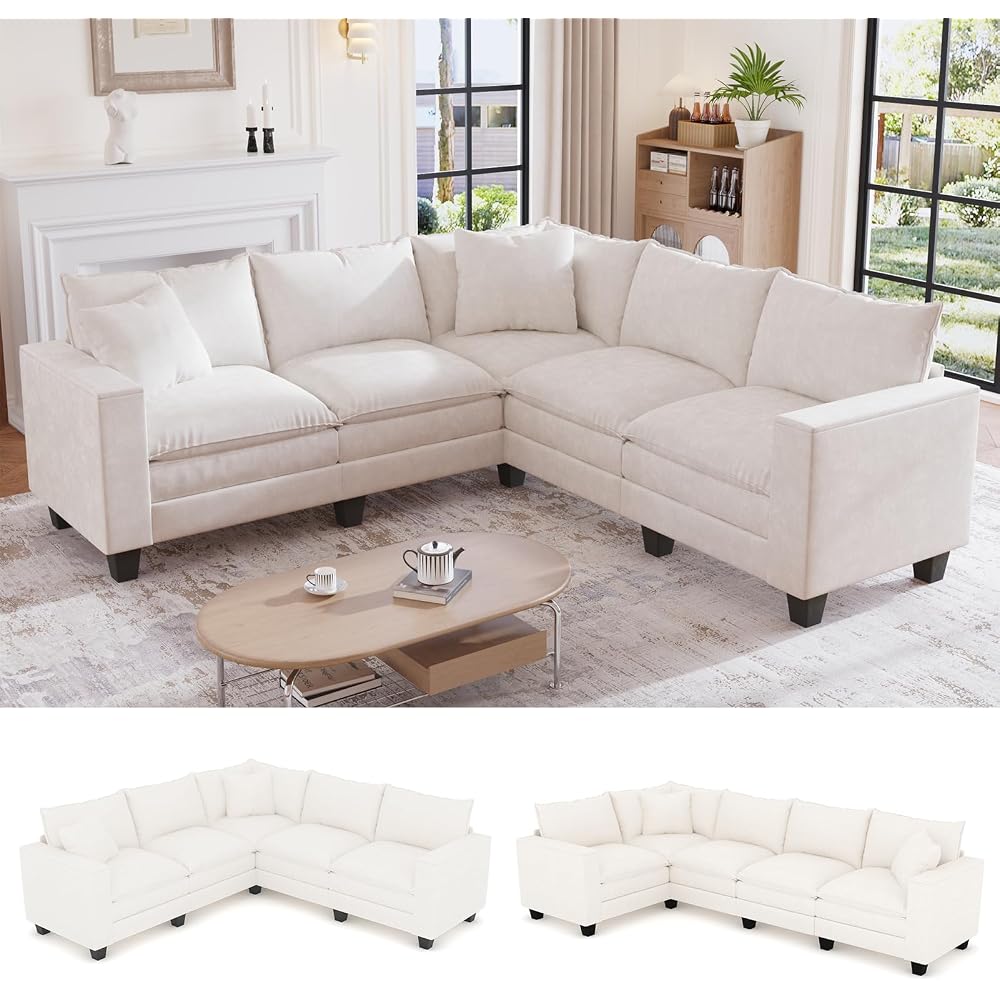 97" L Shaped Sectional Couch, Comfy Chenille Cloud Couch, 5 Seat Modular Cloud Sofa with 2 Pillows & Storage Armrests, Convertible V Shaped Corner Couch, Sectional Couches for Living Room, Beige