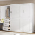 Queen Murphy Bed with Storage Drawers and Wardrobe,Solid Wood Farmhouse Horizontal Murphy Wall Bed Cabinet with Drawers for Bedroom Office Guest Room, Foldable