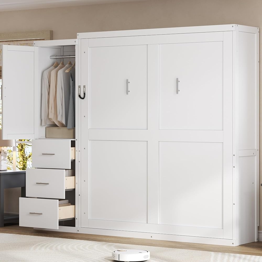 Queen Murphy Bed with Storage Drawers and Wardrobe,Solid Wood Farmhouse Horizontal Murphy Wall Bed Cabinet with Drawers for Bedroom Office Guest Room, Foldable