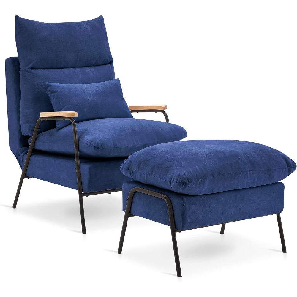 Accent Recliner Chair with Ottoman, Modern Fabric Armchair, Upholstered Sofa Bed for Living Room Bedroom, Small Space 4055 (Black Frame, Blue)