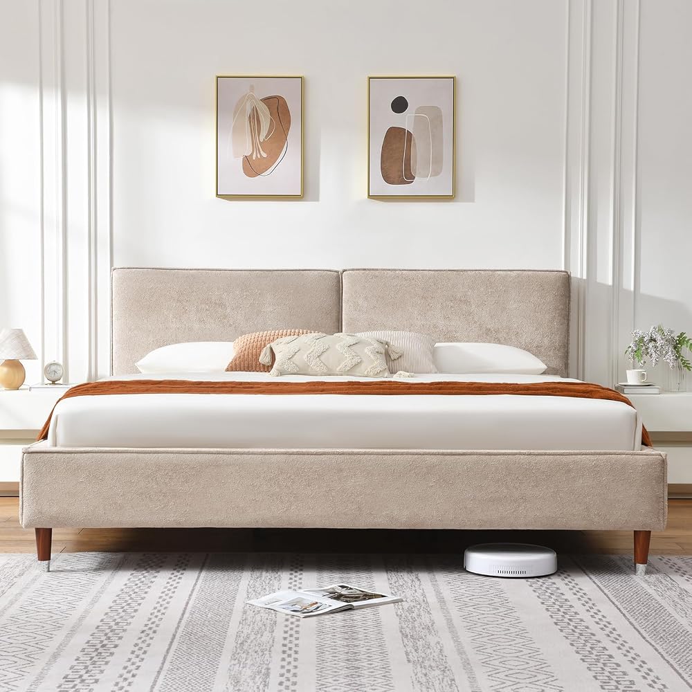 Luxury King Size Upholstered Platform Bed Frame with 7" Thick Padded Headboard, Plush Velvet-Like Fabric, 45 Wooden Slats Support, Wood-Look Legs, No Box Spring Needed, Beige