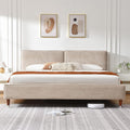 Luxury King Size Upholstered Platform Bed Frame with 7" Thick Padded Headboard, Plush Velvet-Like Fabric, 45 Wooden Slats Support, Wood-Look Legs, No Box Spring Needed, Beige