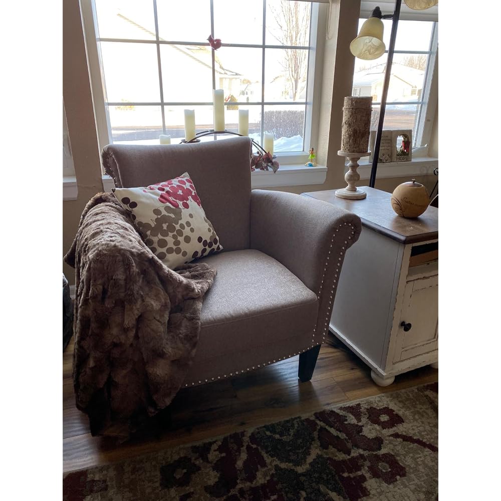 Brice Vintage Scroll Arm Studded Fabric Club Chair, Navy Blue / Dark Brown 31D x 29.5W x 31.5H in