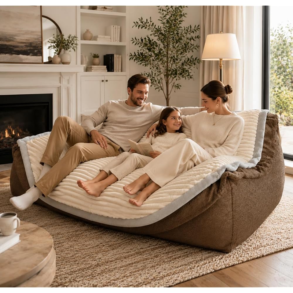 53" Oversized Cloud Lounge Sofa for Adults, Soft Floor Couch with Chaise, Cozy Deep Seat Modular Sofa for Living Room, Bedroom & Movie Room, Fluffy Faux Fur Bean Bag Couch, Cream Ivory