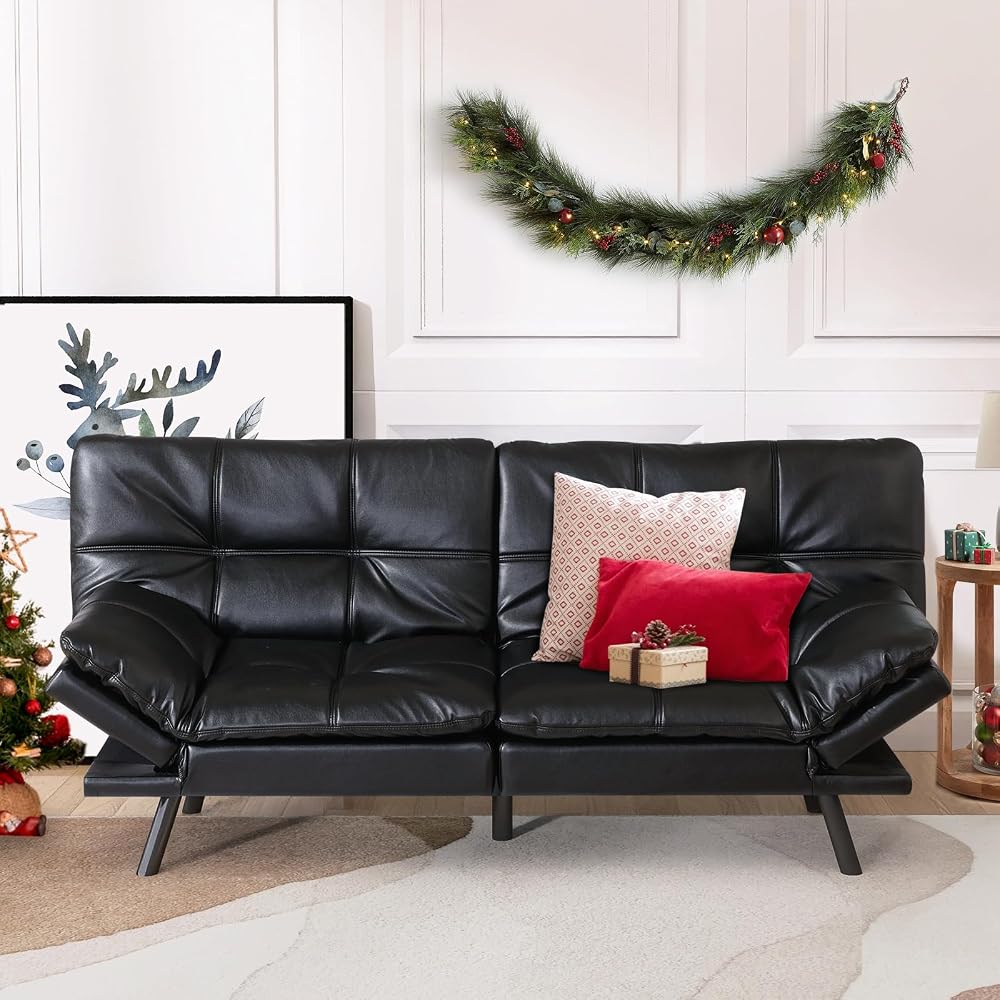 Multifunctional Futon Sofa Bed,Convertible Sleeper Futon Couch,Memory Foam Loveseat Sofa Bed,Small Splitback Faux Leather Modern Sofa for Living Room,Office,Apartment,Light Black