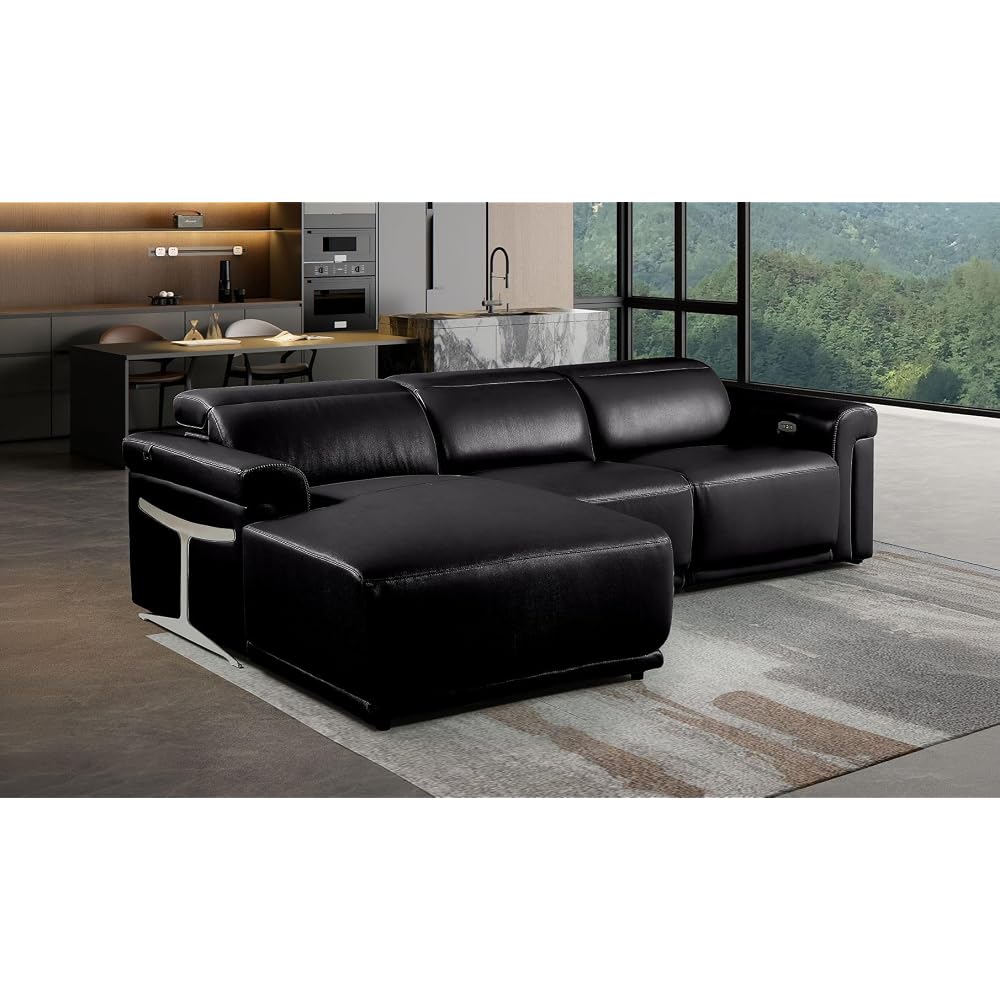 Riccardo 3-Piece Power Reclining Sectional Couch for Living Room with 1 Recliner Seat, Top-Grain Italian Leather, Adjustable Headrests, Left-Facing L-Shape Sofa, Black