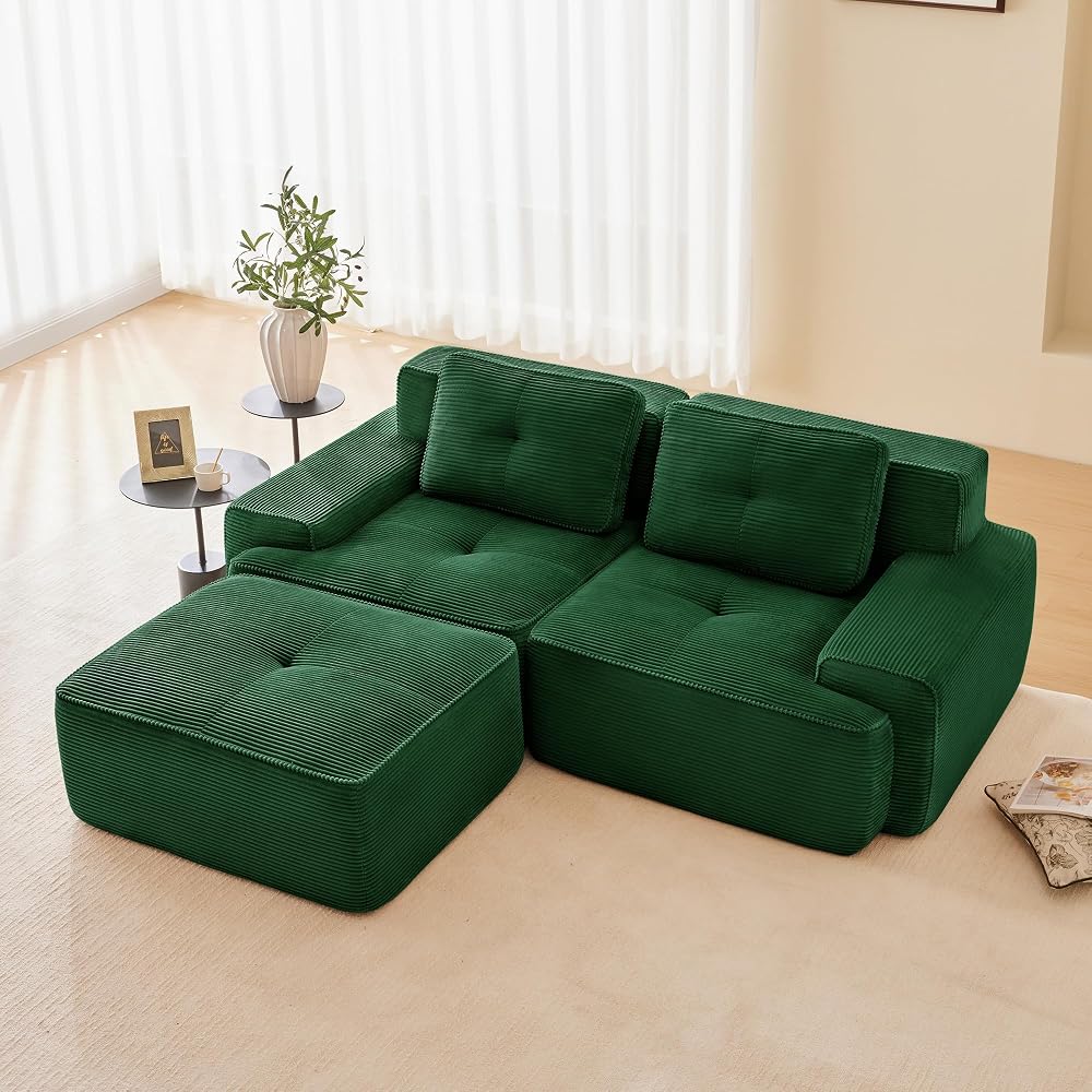 Boneless Couch Modular Sectional Sofa 82" Loveseat, Modern Cloud Couch with Deep Seat, Corduroy L Shaped Sectional Couches for Living Room, Tufted Floor Sofa with Anti-Slip, No Assembly, Green