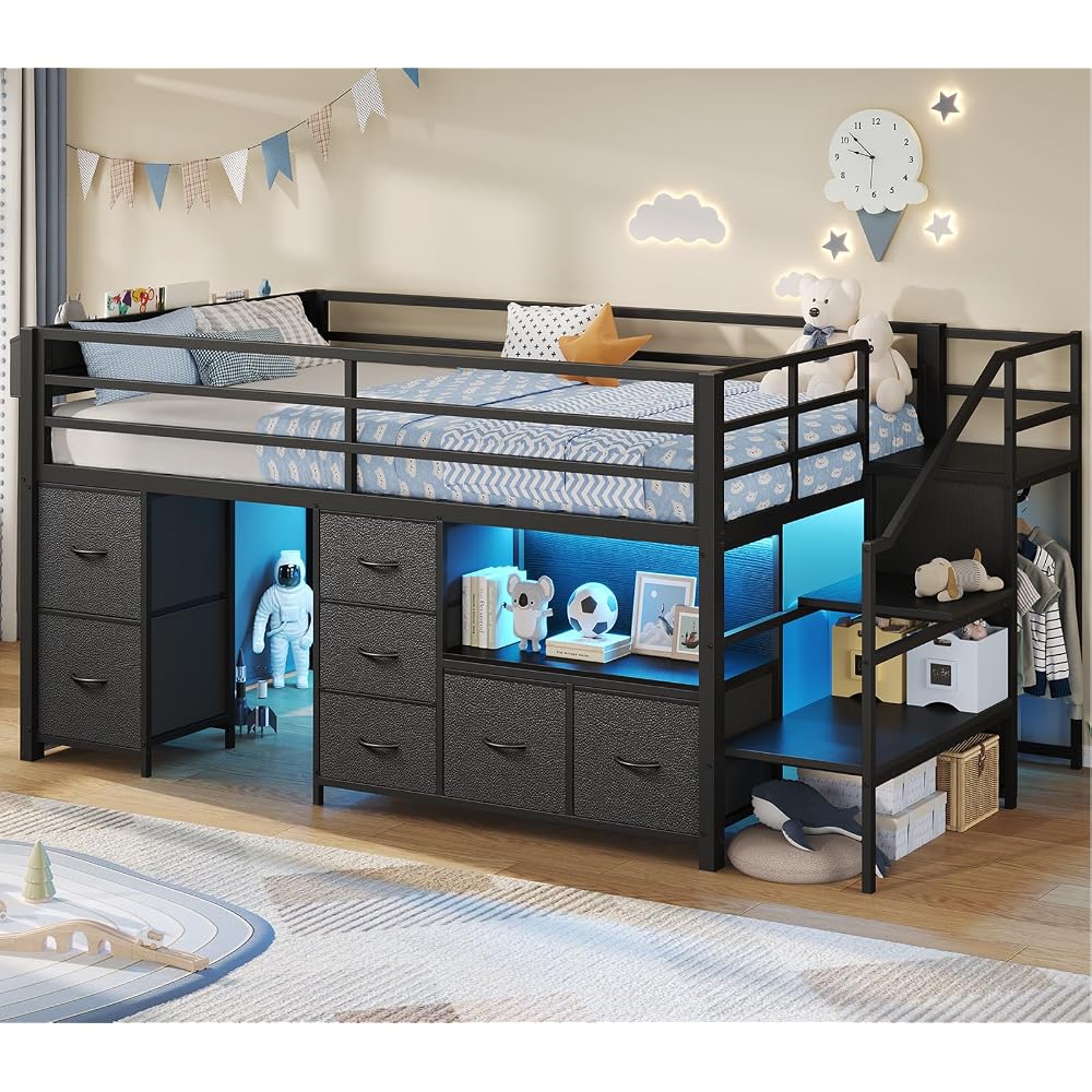 Kids Low Loft Bed Twin Size with Stairs, 7 Drawers, Bookcase,Black