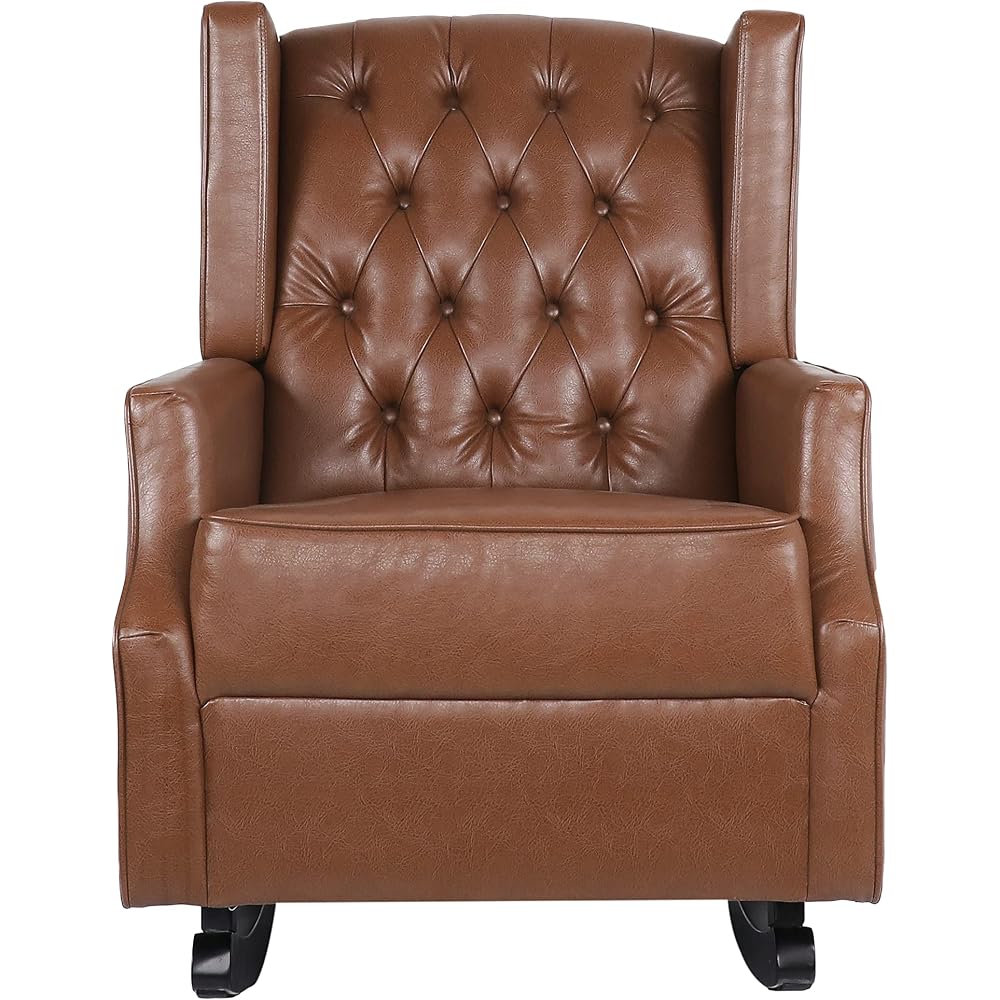 Carey Tufted Wingback Rocking Chair - Faux Leather - Cognac Brown/Dark Brown