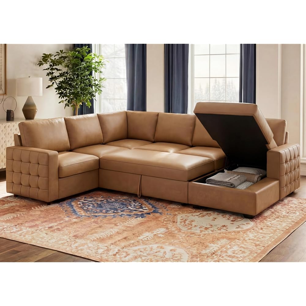 111 Inch Sectional Sleeper Sofa with Pull Out Bed, U Shaped 6 Seat Modular Sectional Couch with Storage for Living Room, Faux Leather Brown