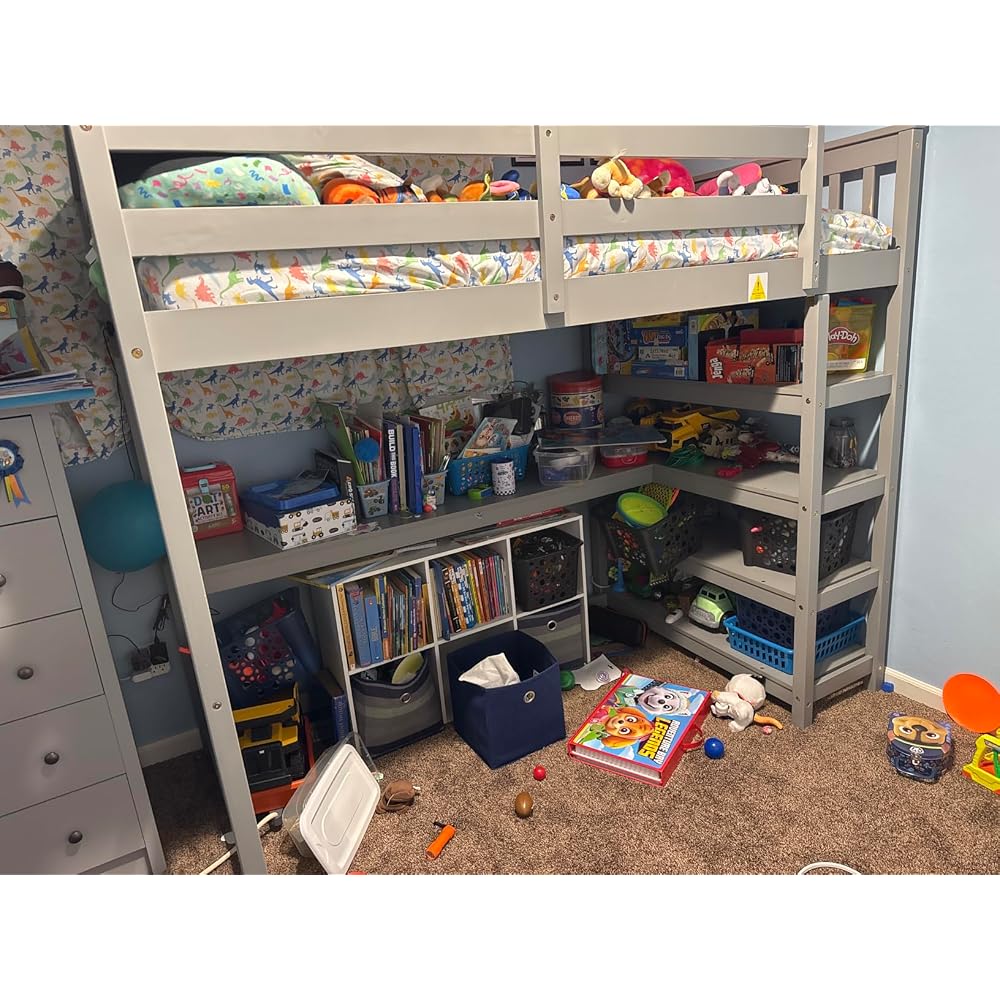 Wood Loft Bed with Desk : Twin Size Loft Bed with 4-Storage Shelves and Under-Bed Desk Solid Wood Bed, White