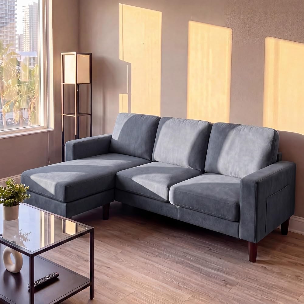 L Shaped Small Couch, Reversible Chaise Sofa with Movable Ottoman & Side Pockets, Linen Fabric Sofa for Apartment Small Space Living Room (Linen Dark Gray)