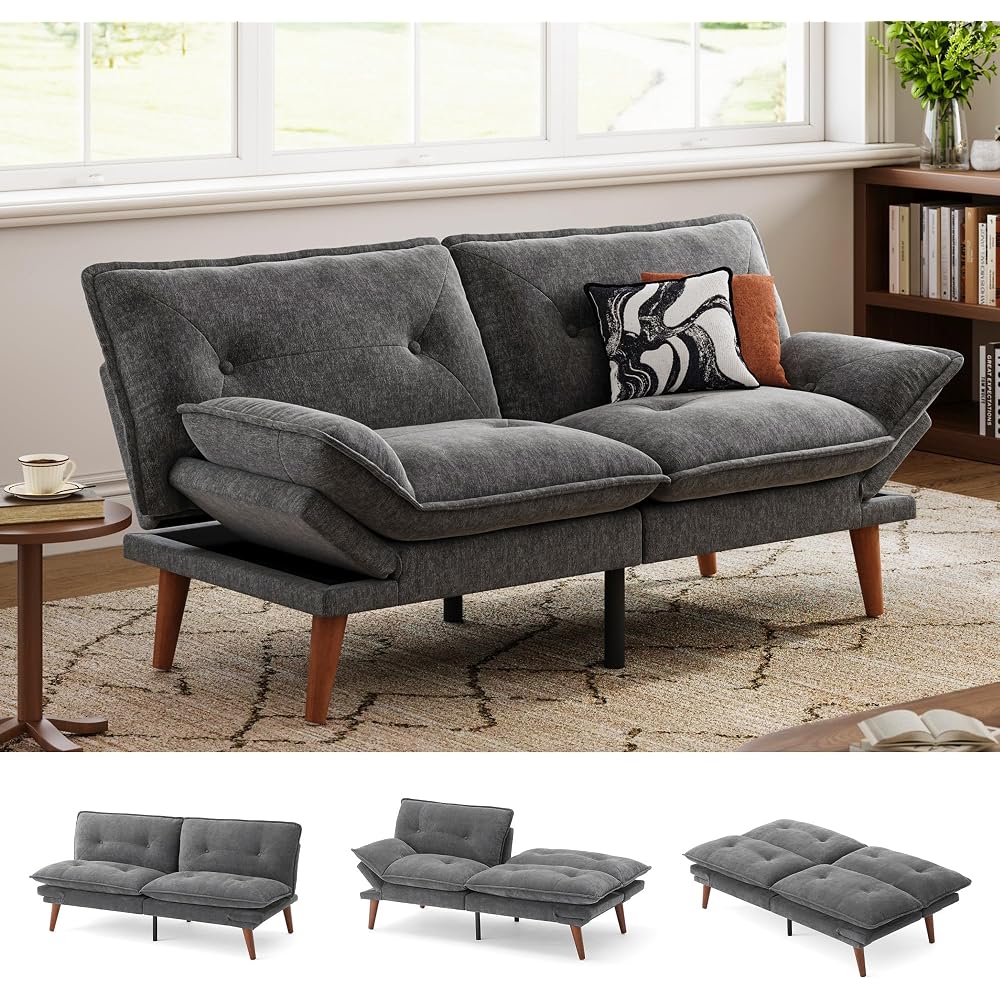 Futon Sofa Bed, 70" Chenille Futon Couch with Adjustable Backrest Armrest, 3 in 1 Convertible Comfy Loveseat Sleeper Sofa Bed for Small Spaces Dorm Room Apartment Home Office(Dark Grey)