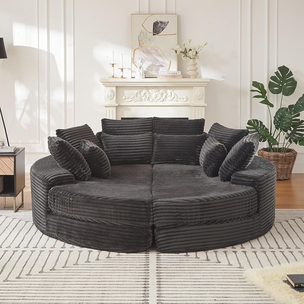 78.5" Oversized Round Sofa Chaise Daybed Plush Corduroy Boneless Cloud Couch Recliner Sleeper Sofabed with 10 Pillows & Headrests, Compressed Loveseat Foam Chaise