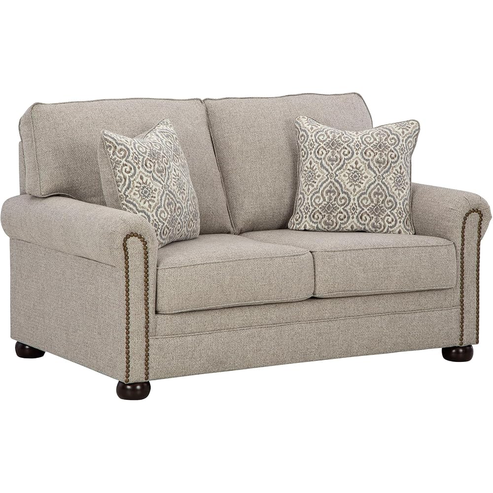 Gaelon Beige Chenille Loveseat, Nailhead Trim