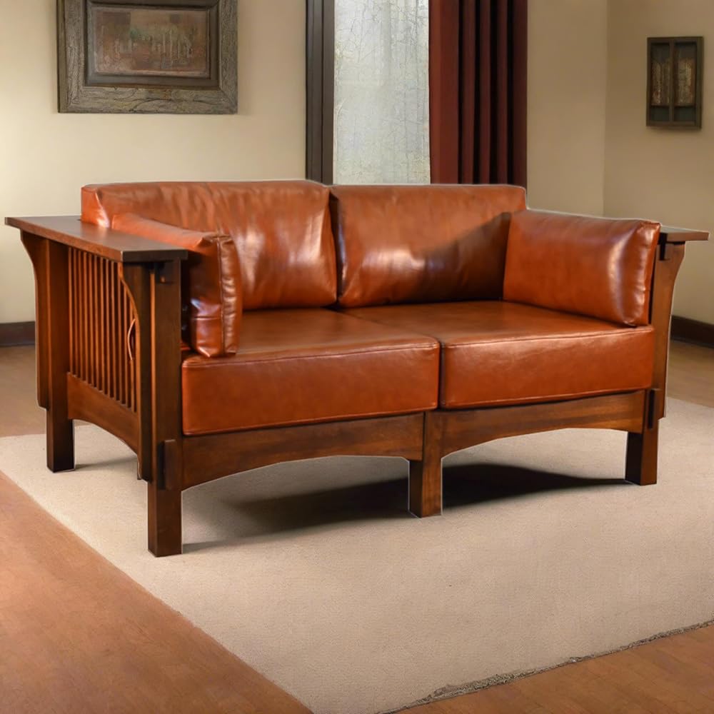 Crafters & Weavers Mission Crofter Style Oak and Leather Loveseat Sofa