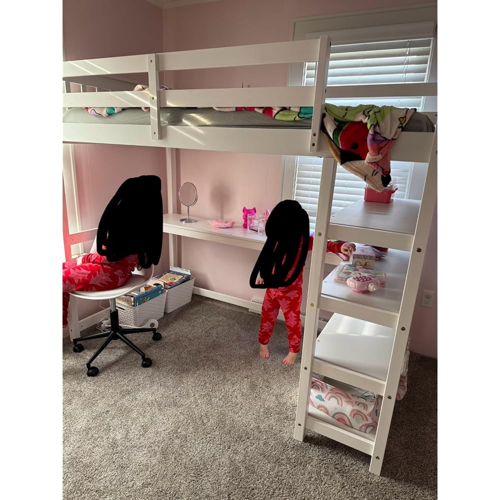 Wood Loft Bed with Desk : Twin Size Loft Bed with 4-Storage Shelves and Under-Bed Desk Solid Wood Bed, White