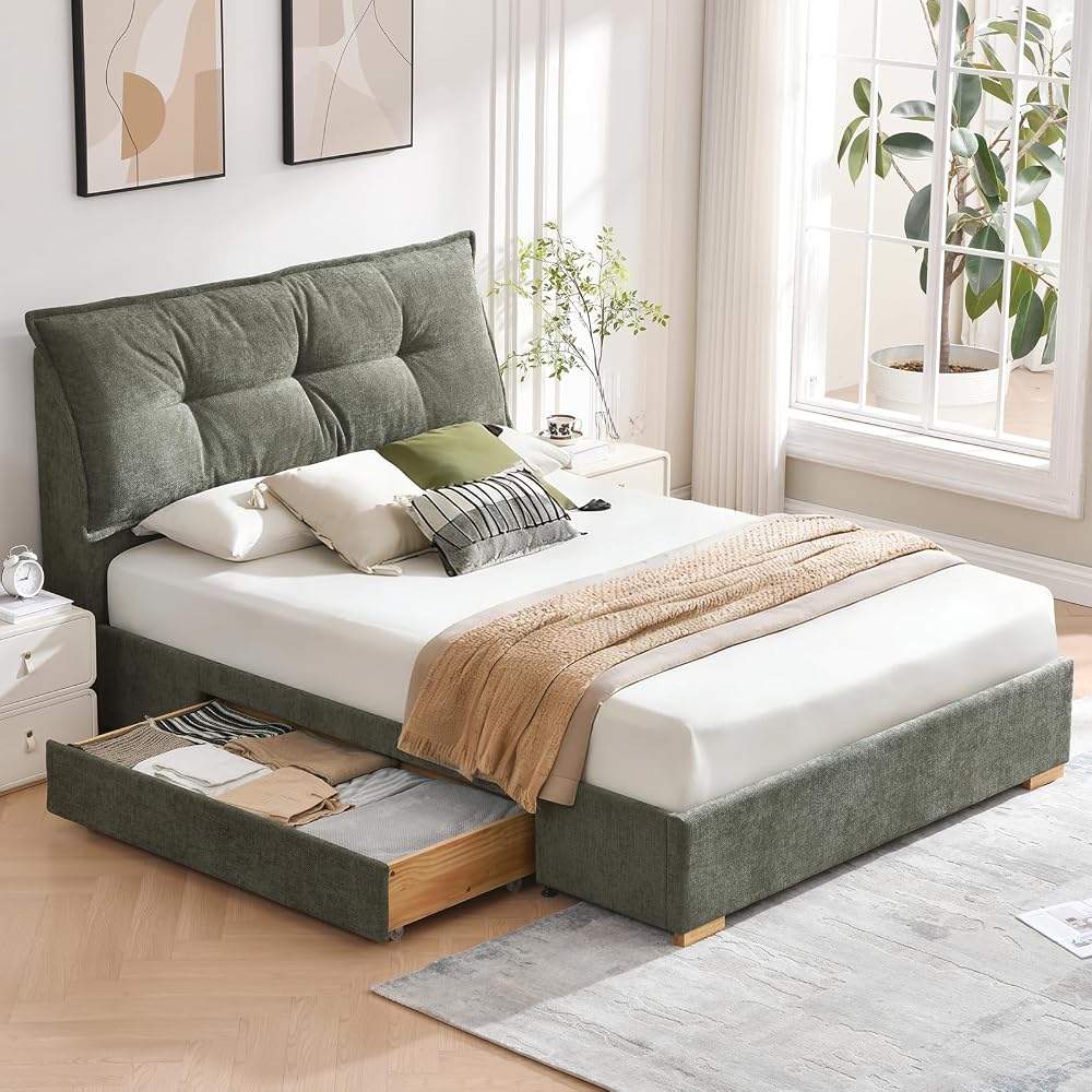 Full Size Upholstered Bed Frame with 2 Drawers Storage, Platform Bed with Soft & Cushioned Headboard, Sturdy Wood Slats, Underbed Storage, No Box Spring Needed, Sage Green