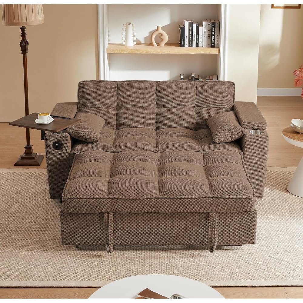  Large Size Convertible Sleeper Sofa Bed,Polka dot Velvet Pull Out Futon Couch with Storage handrails & Rotating Side Tables,Convertible Sofa Couch for Living Room,RV (Coffee)