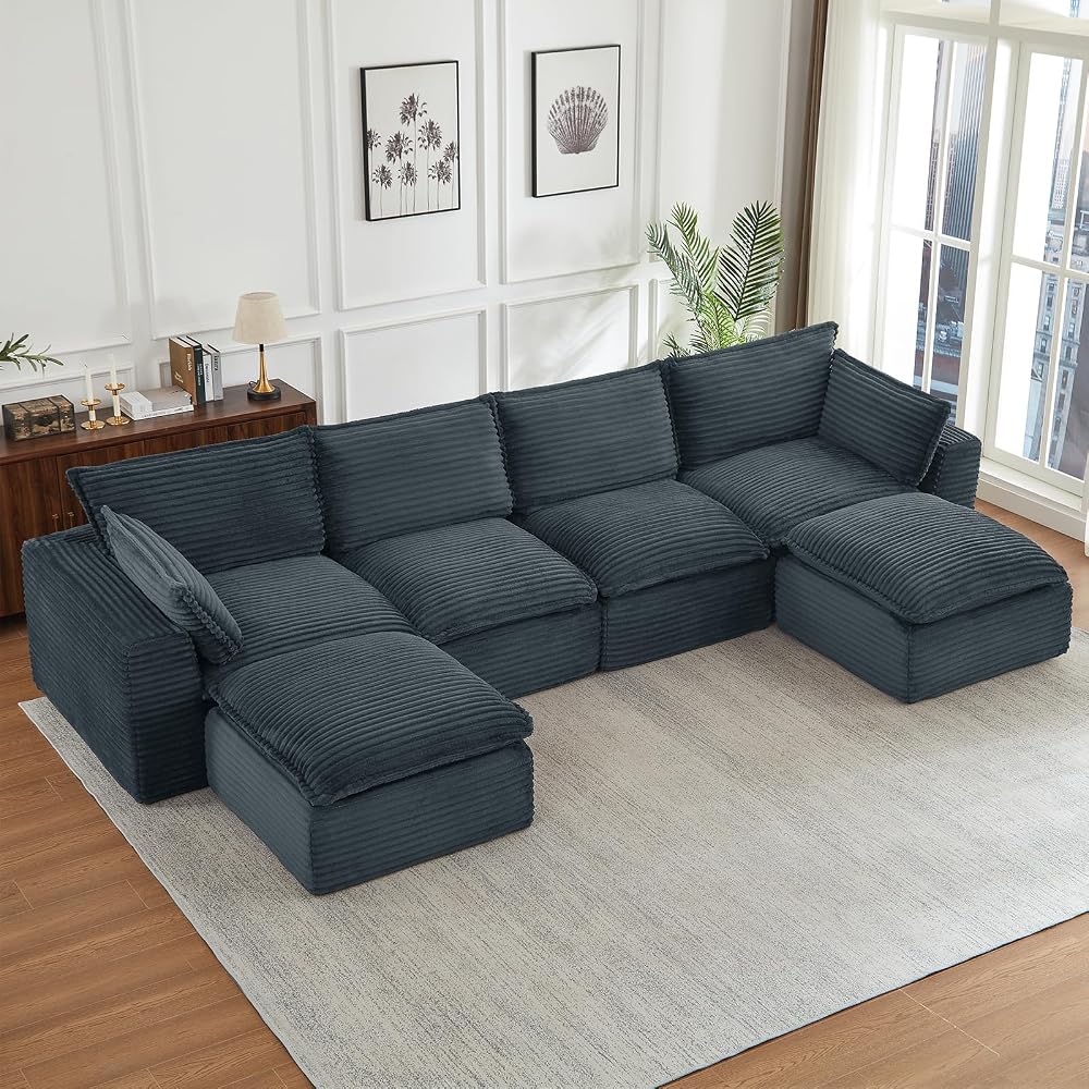 140" Boneless Couch - Modular Cloud Sofa Sectional with 2 Ottomans, Deep Seat Memory Foam Boneless Sofa, Fuzzy Corduroy L Shaped Couch for Living Room (No Assembly)