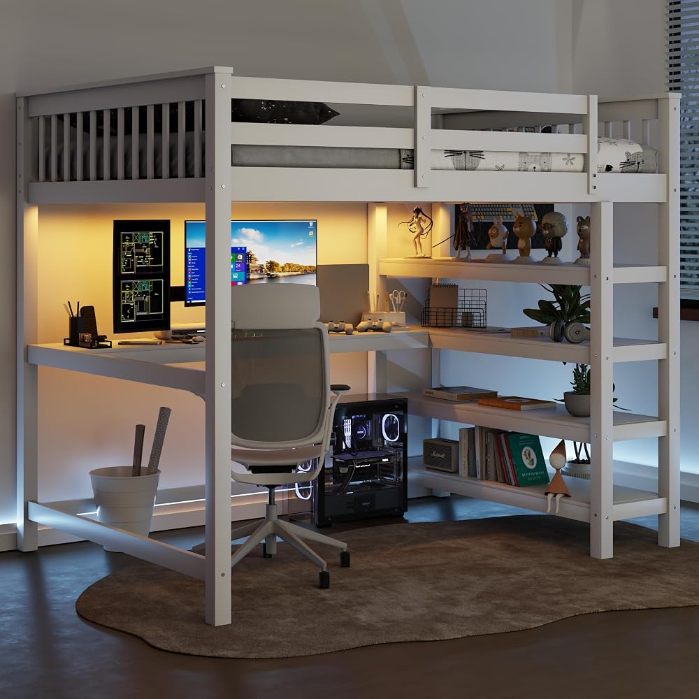 Wood Loft Bed with Desk : Twin Size Loft Bed with 4-Storage Shelves and Under-Bed Desk Solid Wood Bed, White