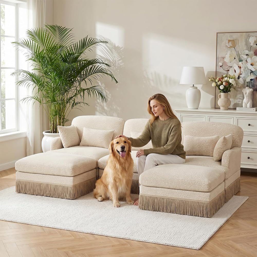 Convertible Modular Sectional Couch w/ 2 Ottomans,Leopard Print 3-Seat U-Shaped Cloud High-Resilience Foam with Pillows,Tassel Fringe Skirt,Easy Assembly for Living Room,Apartment(Beige-Kh 100.3")