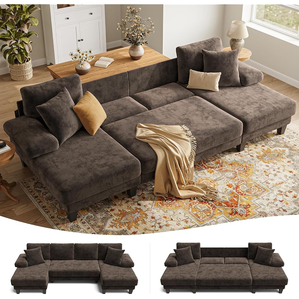 Sleeper Sofa with Pull Out Couch Bed | 112 Inch Couches for Living Room | U-Shaped Convertible Sofa Bed | Chenille Brown