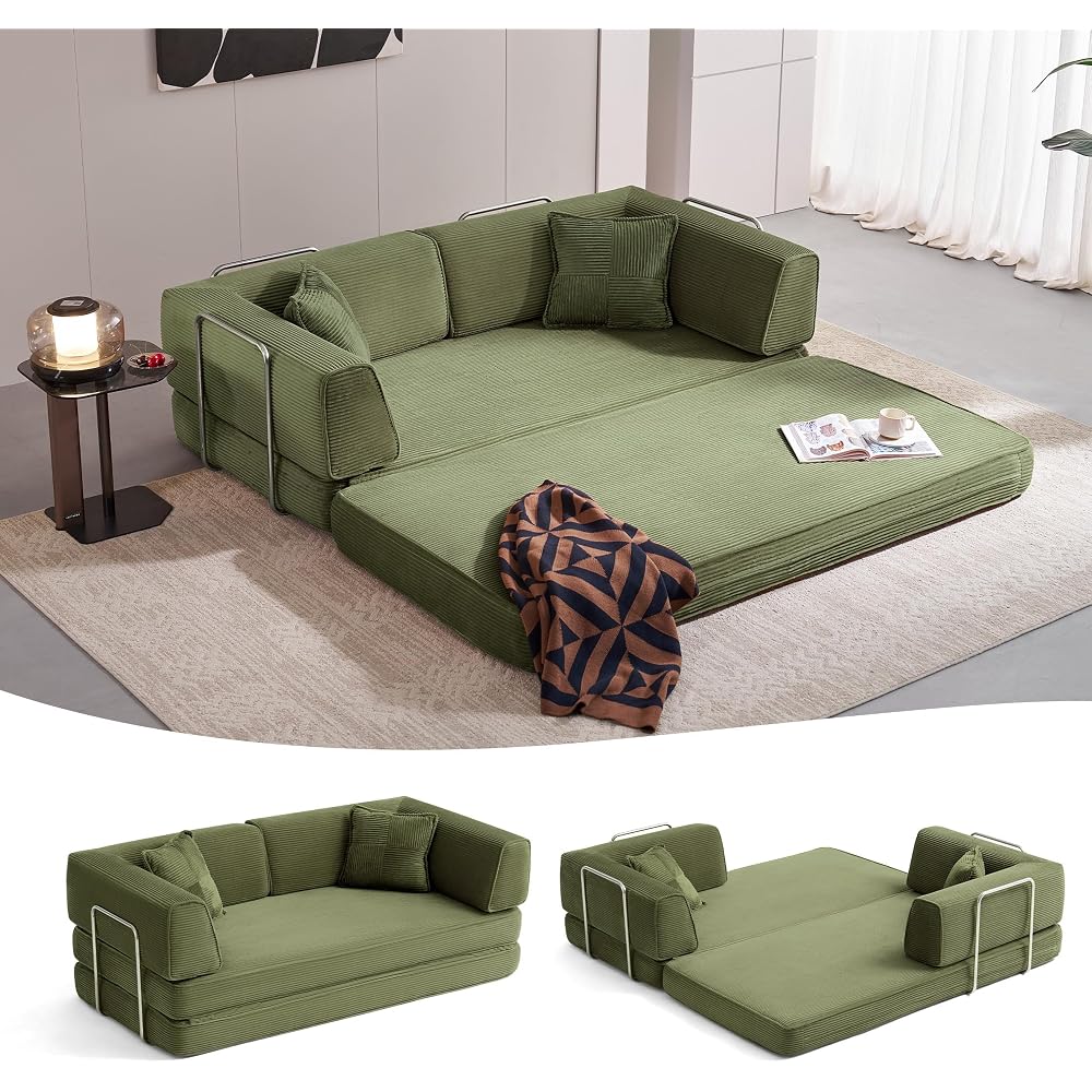 79" Convertible Futon Sofa Bed, Boneless Couch, Corduroy, Green