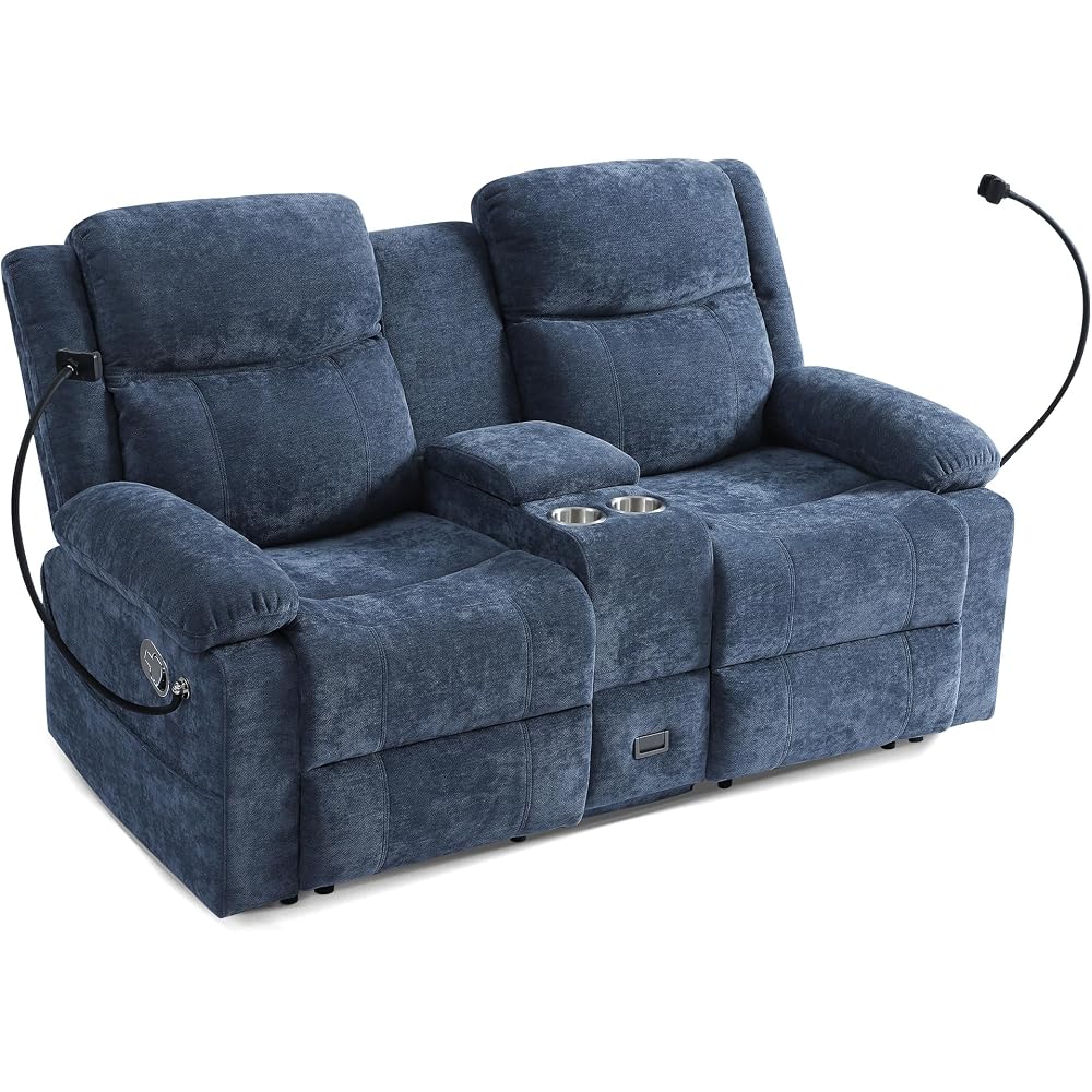 Manual Reclining Loveseat Sofa with Phone Holder, USB & Type-C Ports, Cup Holders, Flip Storage Console & Drawer, Wall Hugger Chenille Fabric Recliner Couch for Living Room, RV, Small Apartment Blue