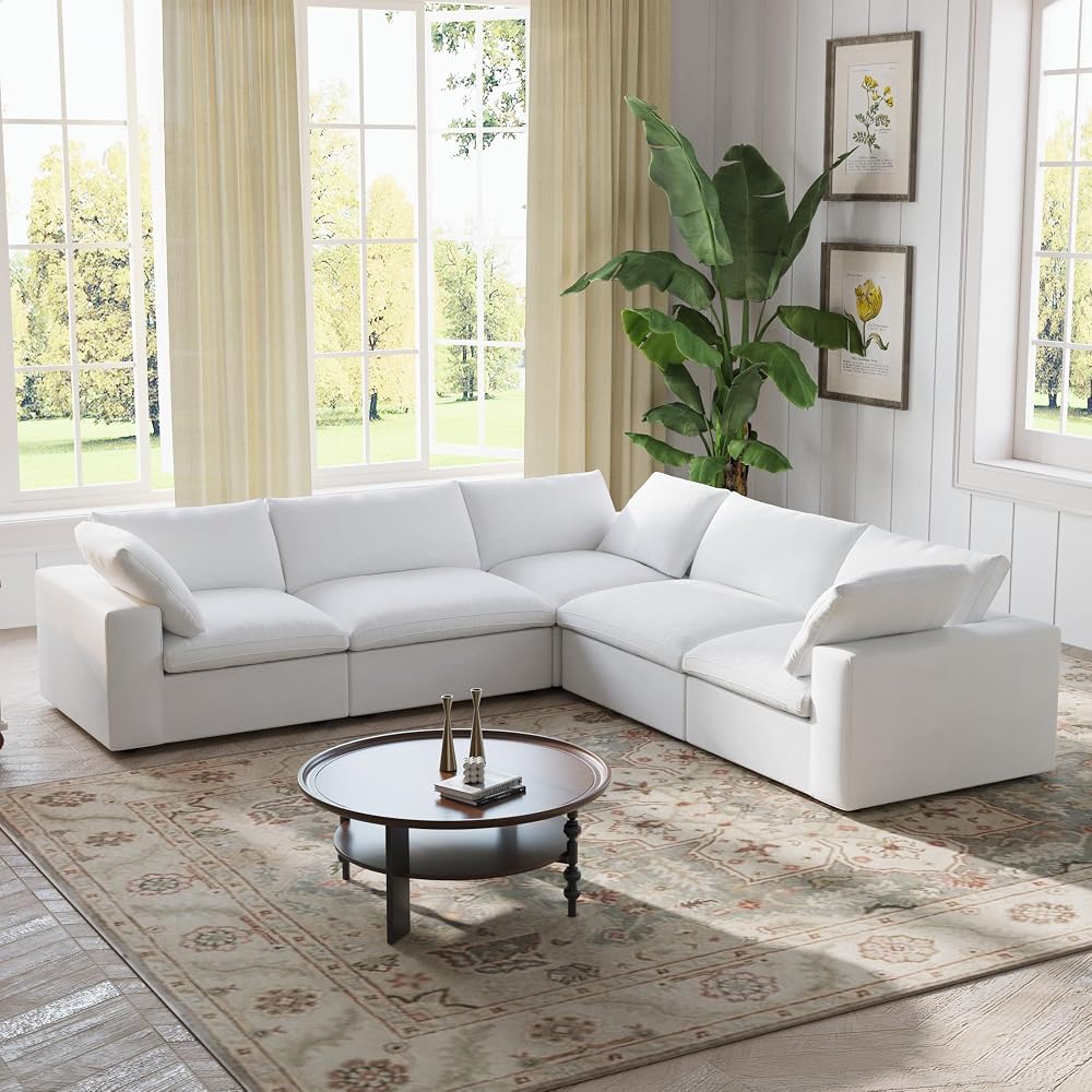 Cloud Modular Sectional Sofa,Large Down Filled Comfort V Shaped Sofa Couch for Living Room,Minimalist Wide Deep Seat Convertible Couches for Office Apartment,4 Seater and 1 Corner,White