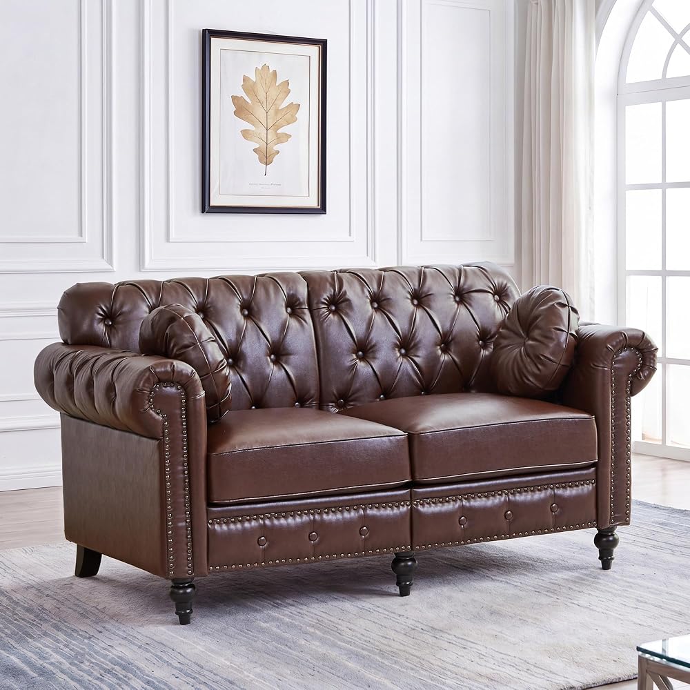 Faux Leather Chesterfield Loveseat, Mid Century Modern Classic Sofa