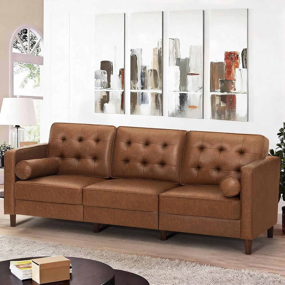 84" Faux Leather 3-Seat Sofa w/Two Bolster Pillows, Brown