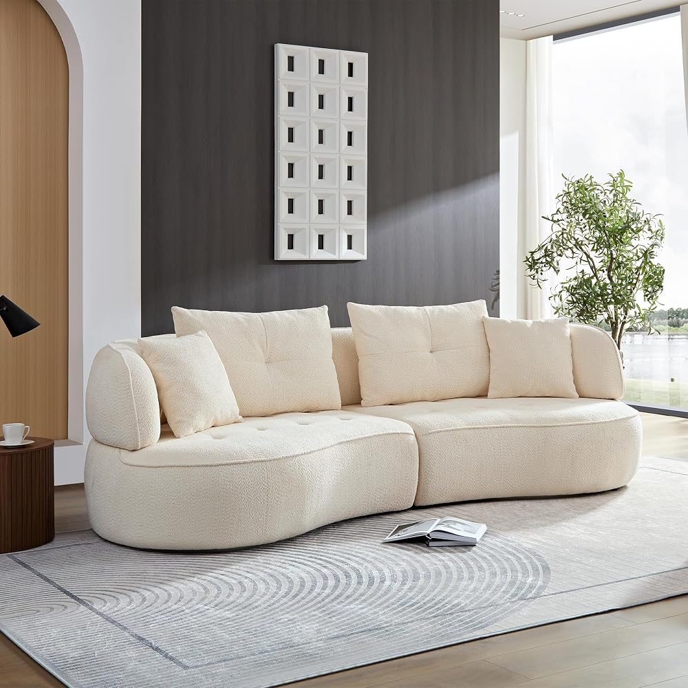 HAMORE 110" Curved Sectional Sofa, 2-Piece Modular Teddy Boucle Fabric Couch, Brown Armless Curved Sofa with 2 Pillows, Easy Tool-Free Assembly, Modern Curved Couch for Living Room Apartment (Beige)