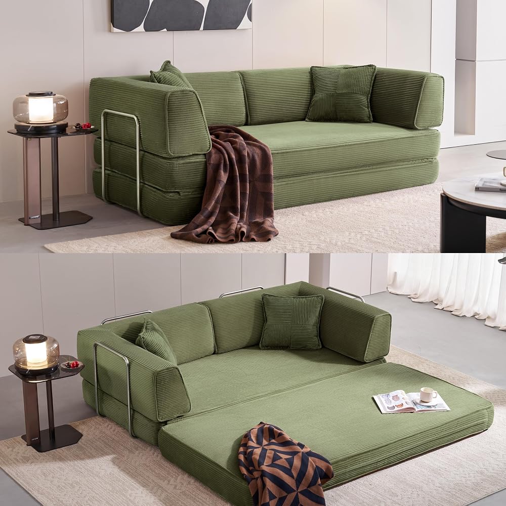 79" Convertible Sofa Bed, 4-in-1 Corduroy Boneless Couches for Living Room, Folding Queen Size Futon, Floor Mattress Loveseat Sofa Bedroom Apartment Lounge, 2 Pillows, Green