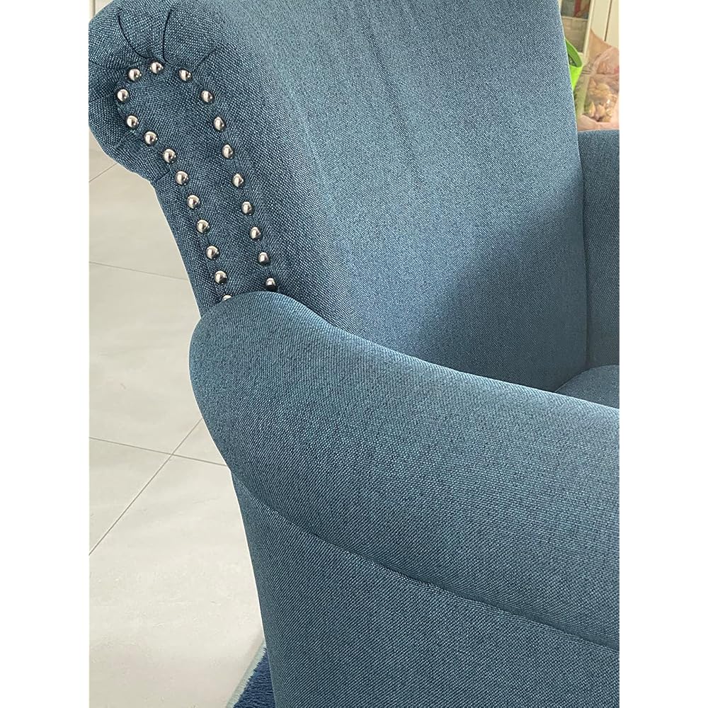 Brice Vintage Scroll Arm Studded Fabric Club Chair, Navy Blue / Dark Brown 31D x 29.5W x 31.5H in