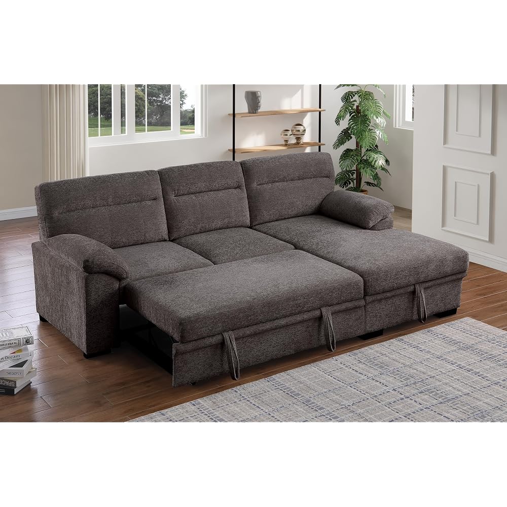 Kipling II 95" W Brown Chenille Fabric Sleeper Sectional Sofa
